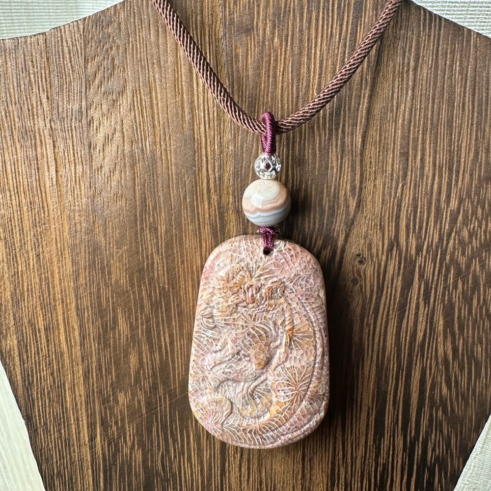 Handcrafted Coral Fossil Lady Pendant Necklace, Botswana Agate on Brown Rope - Picture 2 of 13